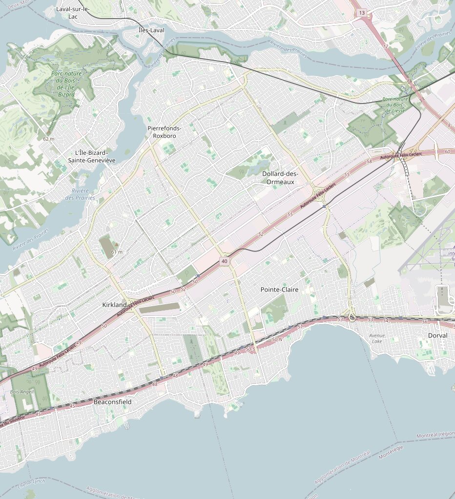 Carte de l'Ouest-de-l'Île de Montréal indiquant où se trouvent les organismes de cette page